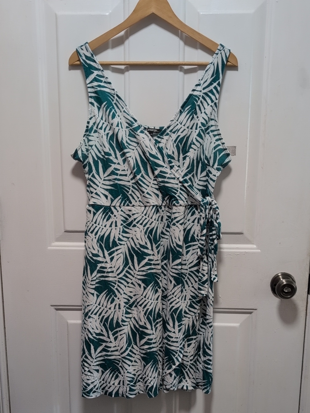 George Teal Green and White Palm-Print Wrap Midi Dress